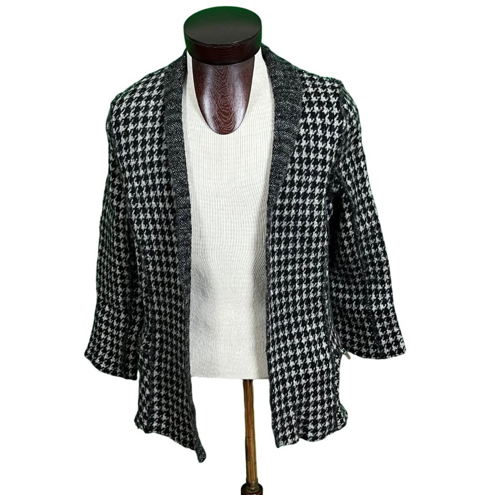 Anne French Deconstructed Wool Blend Open Blazer Hounds Tooth Black Gray Sz XL